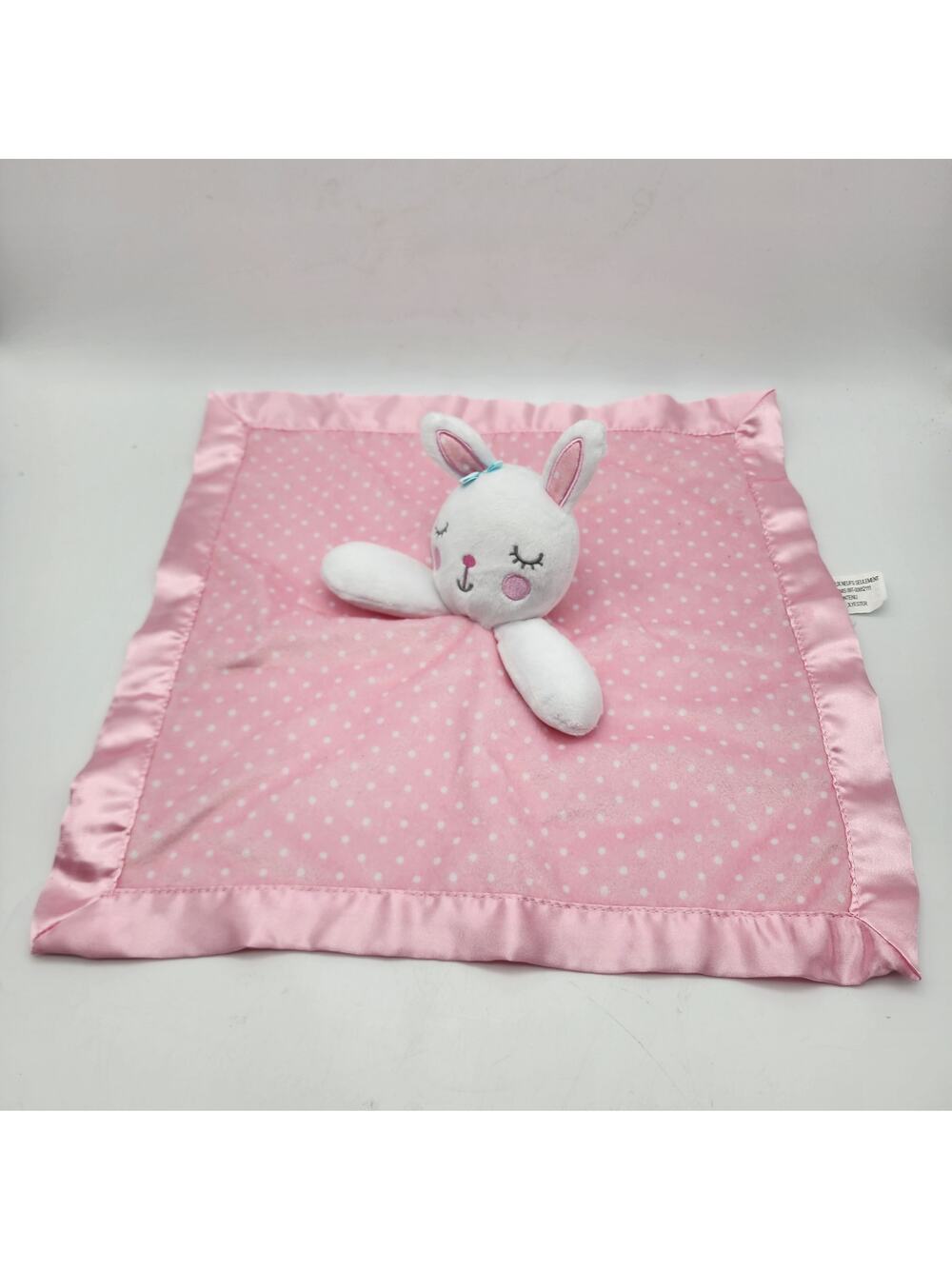 Circo Target White Bunny Lovey Security Plush 14x14 Pink Polka Dot Satin Trim